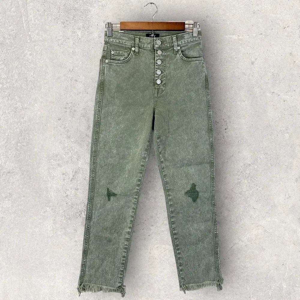 7 For All Mankind Button Fly Cropped Straight Jeans Green Distressed Raw Hem 26